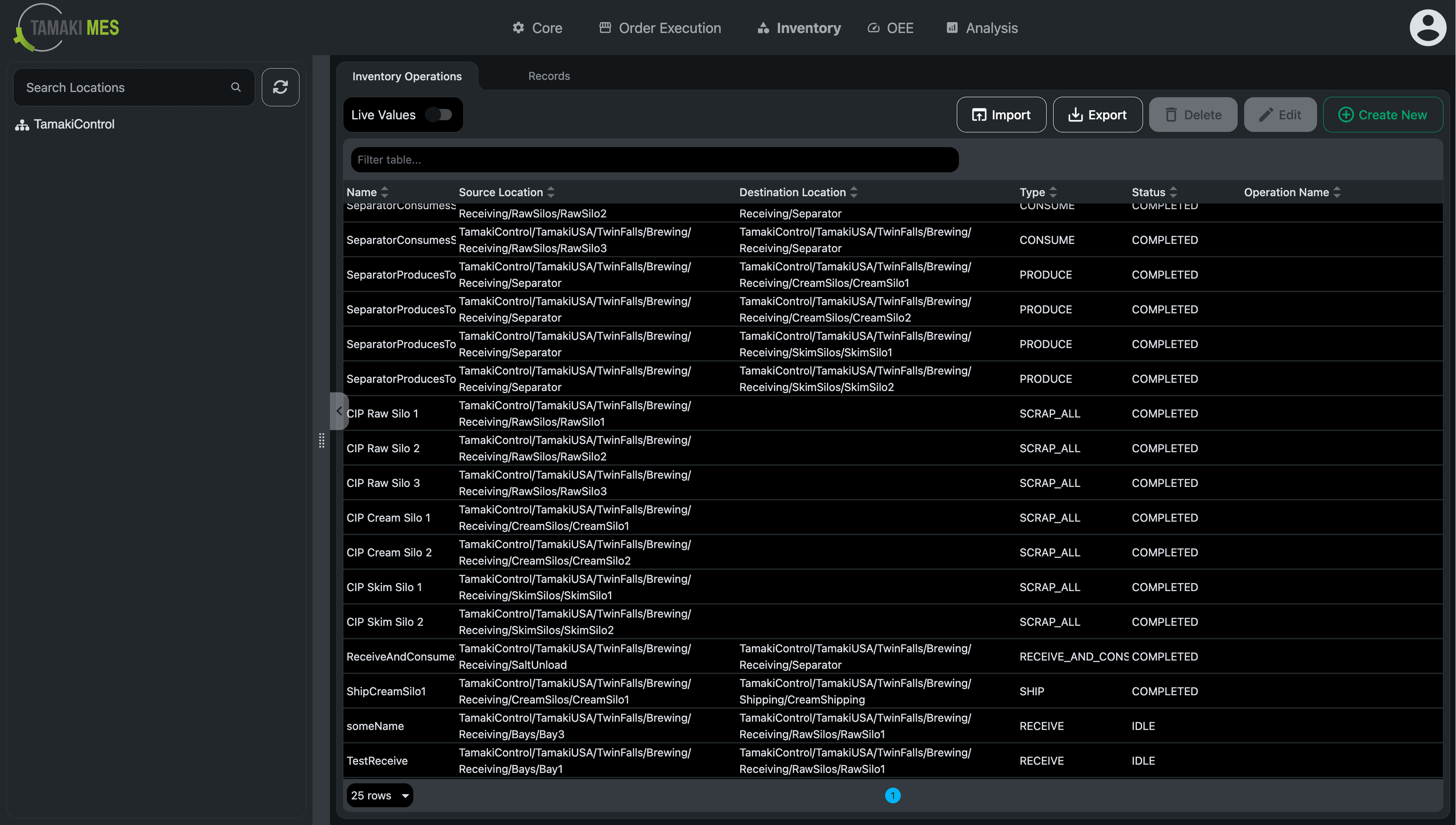 Tamaki MES Inventory Operations page